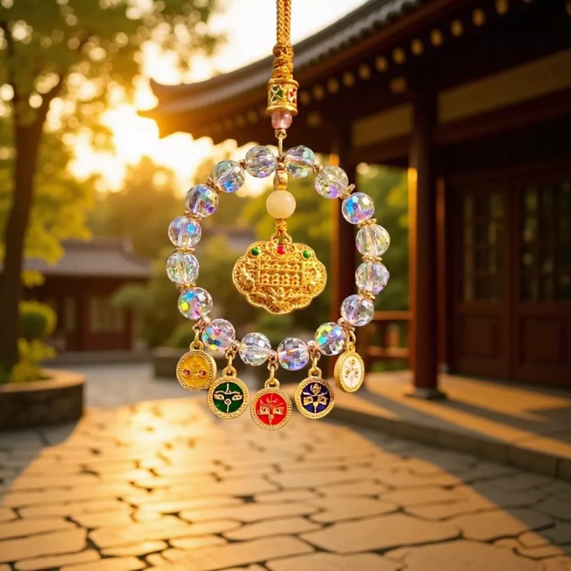 Đồ trang trí treo xe hơi phong cách Linh Âm, hình thần tài ngũ phương, bàn tính nhỏ, pha lê vàng, hình cáo chín đuôi vẽ tay và móc khóa đá mắt hổ mềm mại.