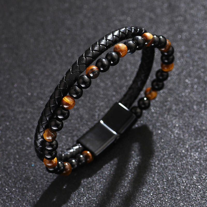 Natural Tiger Eye Stone Beaded Bracelet for Men, Pu Leather Woven with Volcanic Stone, Versatile and High-End Artificial Leather