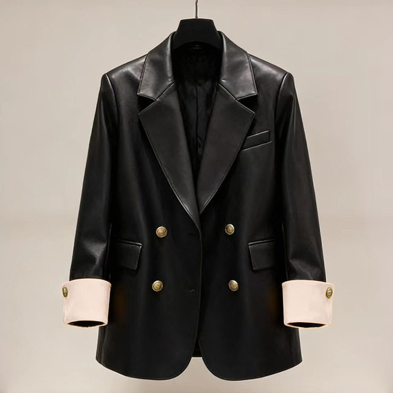 New Trendy Black Pu Leather Jacket for Women, Plus Size, Korean Style Fashion 2026, Mid-Length Loose-Fitting Leather Blazer for Women