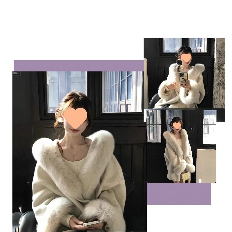 沪上千金 温柔风仿狐狸毛毛领连帽拼接大衣女冬气质宽松外套兔毛|undefined
