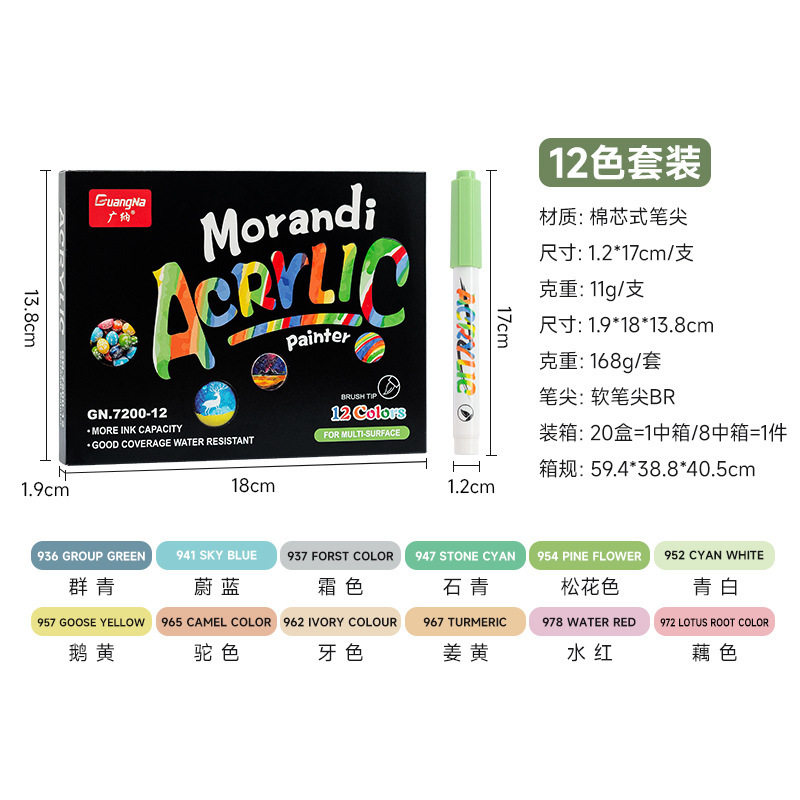 Guangna GN7200 algodón núcleo suave cabeza Morandi color acrílico marcador 12 color 24 color traje transfronterizo exclusivo