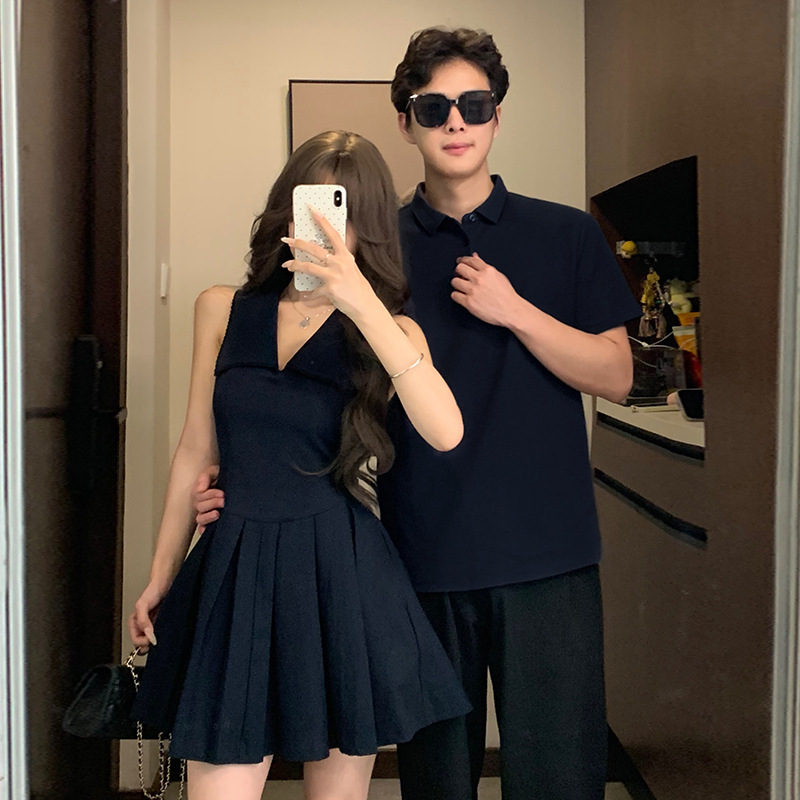Summer Couple's College-Style Pleated Dress with Lapel Collar for Women, Slimming and Elegant A-Line Dress, Men's T-Shirt, One Dress and One Shirt Wholesale Summer Couple's College-Style Pleated Dress with Lapel Collar for Women, Slimming and Elegant A-Line Dress, Men's T-Shirt, One Dress and One Shirt Wholesale