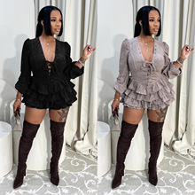 C7549跨境速卖通亚马逊欧美时尚女装气质清新系带荷叶边连衣裙新