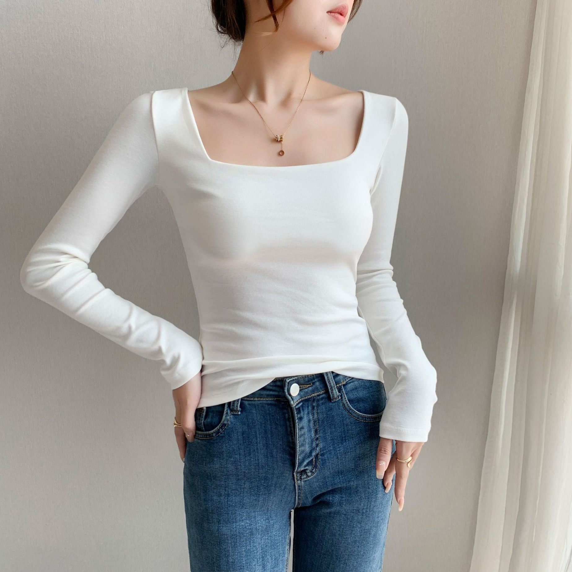Women's autumn and winter square neck pleated long sleeve base layer top, stylish and slimming inner layer.