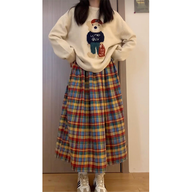 Japanese-Style Petite Colorful Plaid Woolen Midi Skirt for Women, Autumn and Winter Vintage High-Waisted Slimming Versatile Skirt