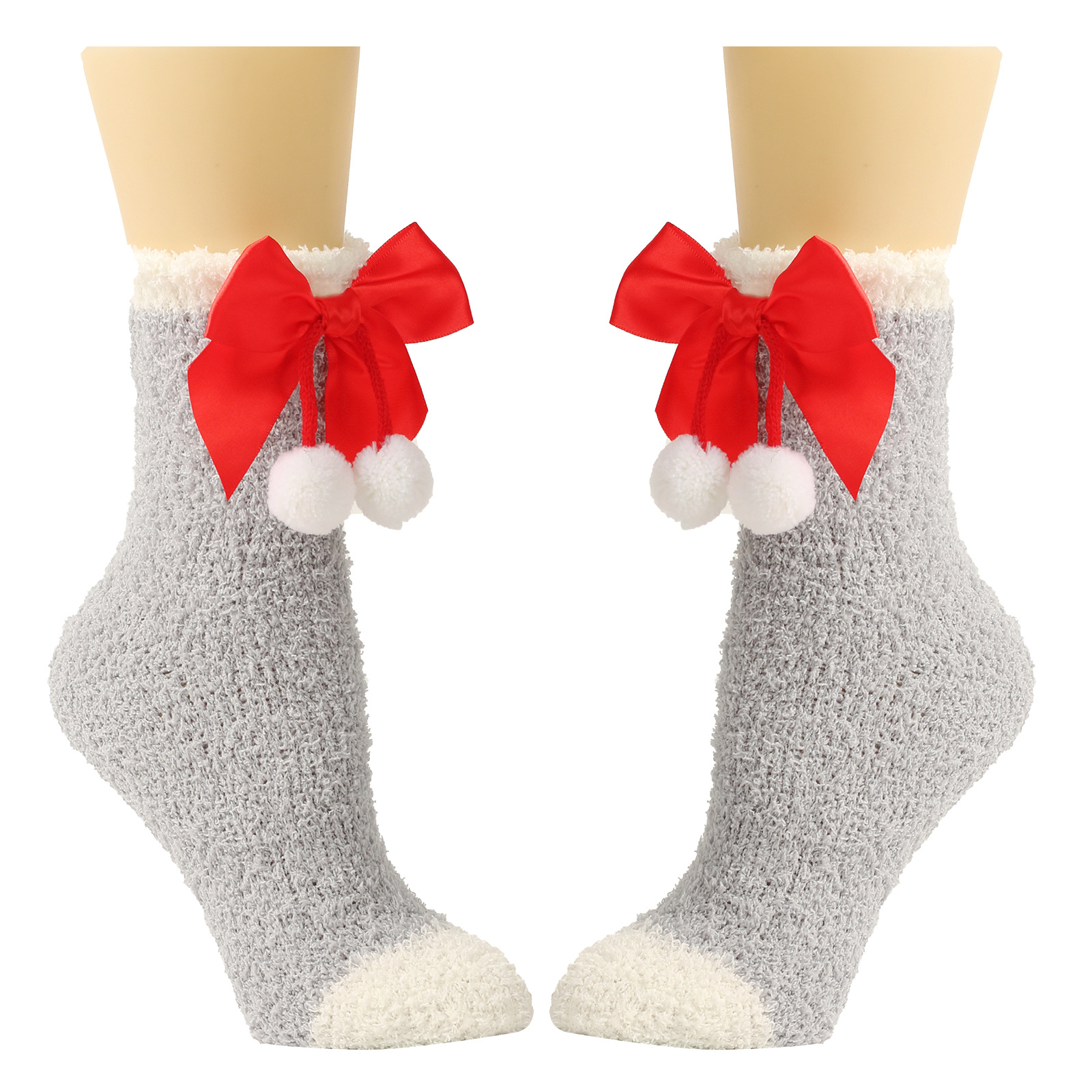 Calzini da donna Calzini spessi e caldi in peluche Calzini in pile corallo con fiocco Calzini a tubo medio autunnali e invernali Calzini con fiocco_voghion.com