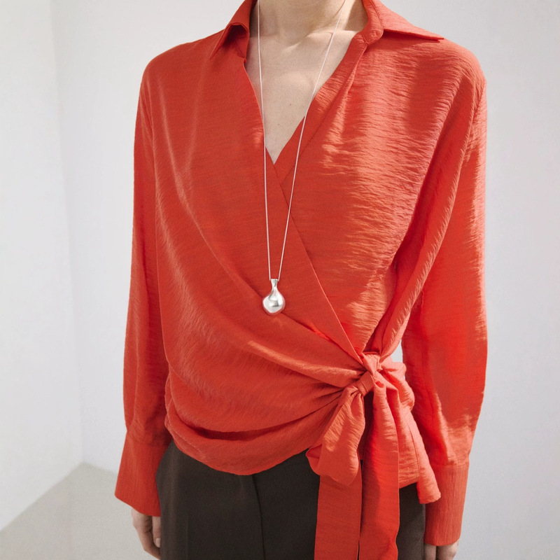 European and American cross-border bestseller: women's textured cross-wrap collared shirt with side ties, long-sleeved, elegant workwear top European and American cross-border bestseller: women's textured cross-wrap collared shirt with side ties, long-sleeved, elegant workwear top