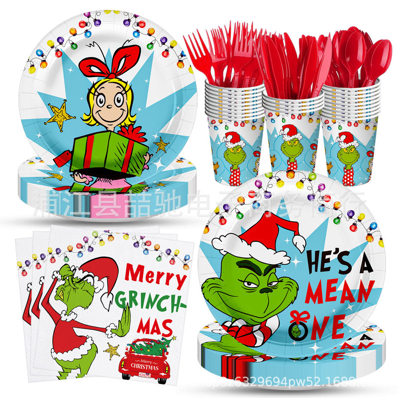 Grinch Theme Party Paper Plate Green Monster Christmas Disposable Paper Cup Paper Plate Tissue Paper Festive Decoration Supplies