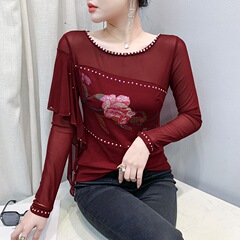 実拍2025年春夏新作長袖丸首重工のホットドリルの花の個性的なネットの紗はtシャツのシャツをつなぎ合わせます。