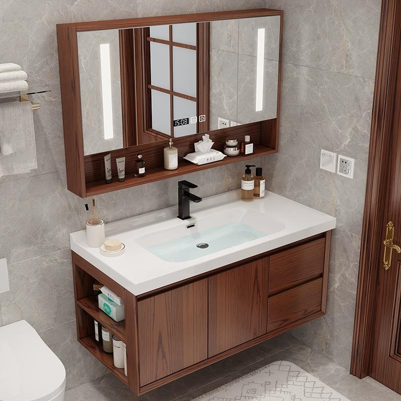Modern New Chinese Style Slate Bathroom Cabinet Combination Red Oak Solid Wood Integrated Ceramic Basin Washbasin Manufacturer