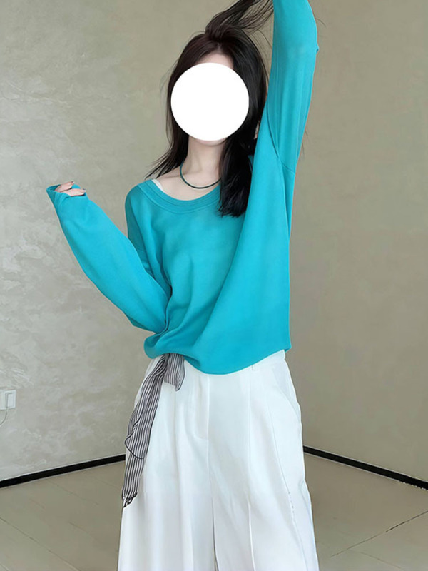 蓝色宽松短款针织罩衫长袖t恤女2025新款春季流行穿搭多巴胺上衣|undefined