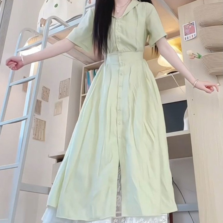 Summer French-Style Sweet College-Style Green Navy Collar Short-Sleeved Shirt Dress New Style for Female Students with Waist-Cinching Slimming Long Skirt Summer French-Style Sweet College-Style Green Navy Collar Short-Sleeved Shirt Dress New Style for Female Students with Waist-Cinching Slimming Long Skirt
