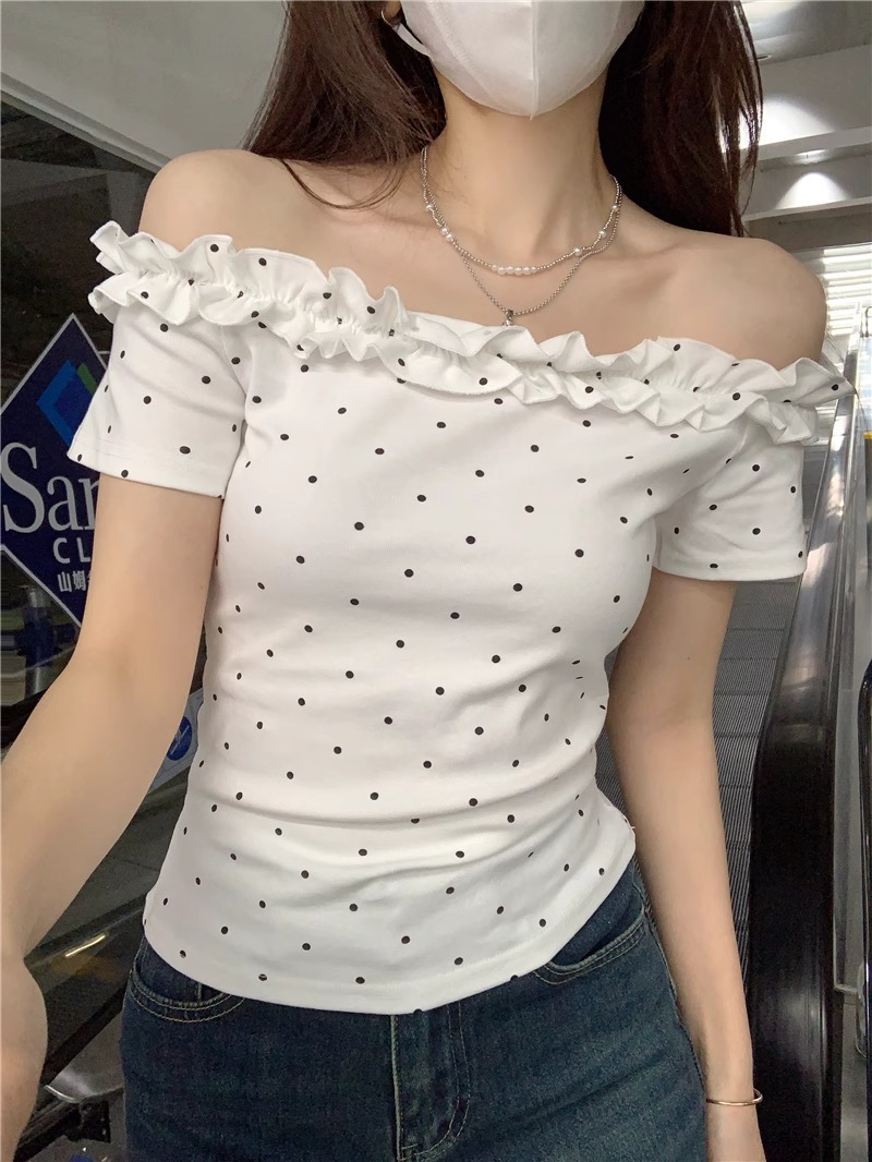 Sexy and Alluring Off-Shoulder Ruffled Edge Polka Dot Short-Sleeve T-Shirt for Women, Summer Fashion Base Top for Hot Girls 4