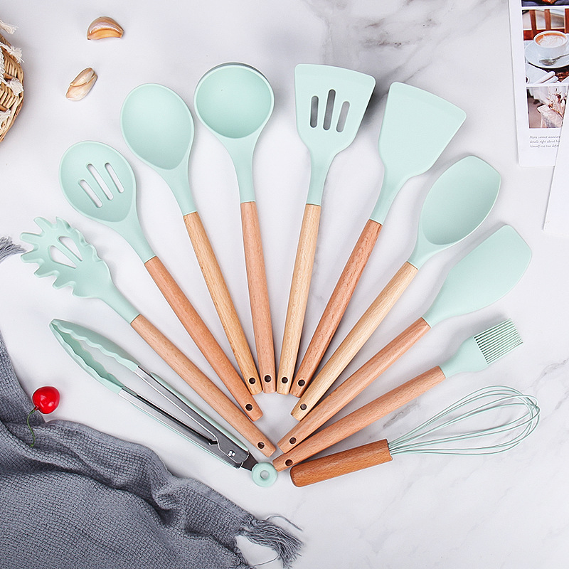 Utensilios de cocina de silicona con mango de madera, 11 piezas – para sartenes antiadherentes.