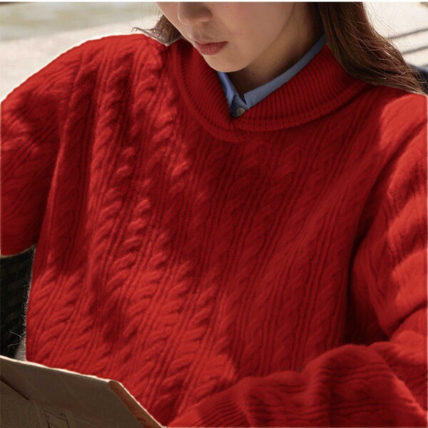 100%纯羊毛衫女休闲针织衫毛衣小翻领秋冬宽松慵懒风羊绒打底衫