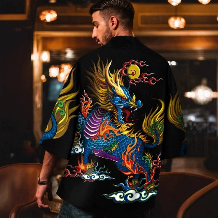 Кимоно хаори, кардиган, аниме, принт дракона, одежда для косплея, европейский и американский стиль Харадзюку, весенне-летняя тонкая куртка, ретро-японская рубашка