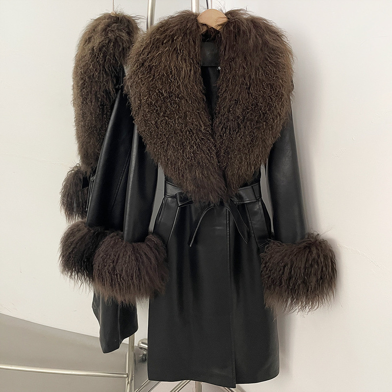 Cross-Border Aliexpress Autumn and Winter New Women's Versatile Slim-Fit Shearling Wool Coat with Large Fur Collar and Waist-Cinching Leather Jacket for Women