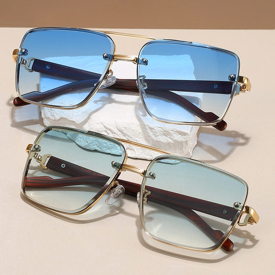 New Metal Double Beam Box Wood Grain Leg Sunglasses Cross-border European and American Trend Sunglasses Men's Driving Sunglasses