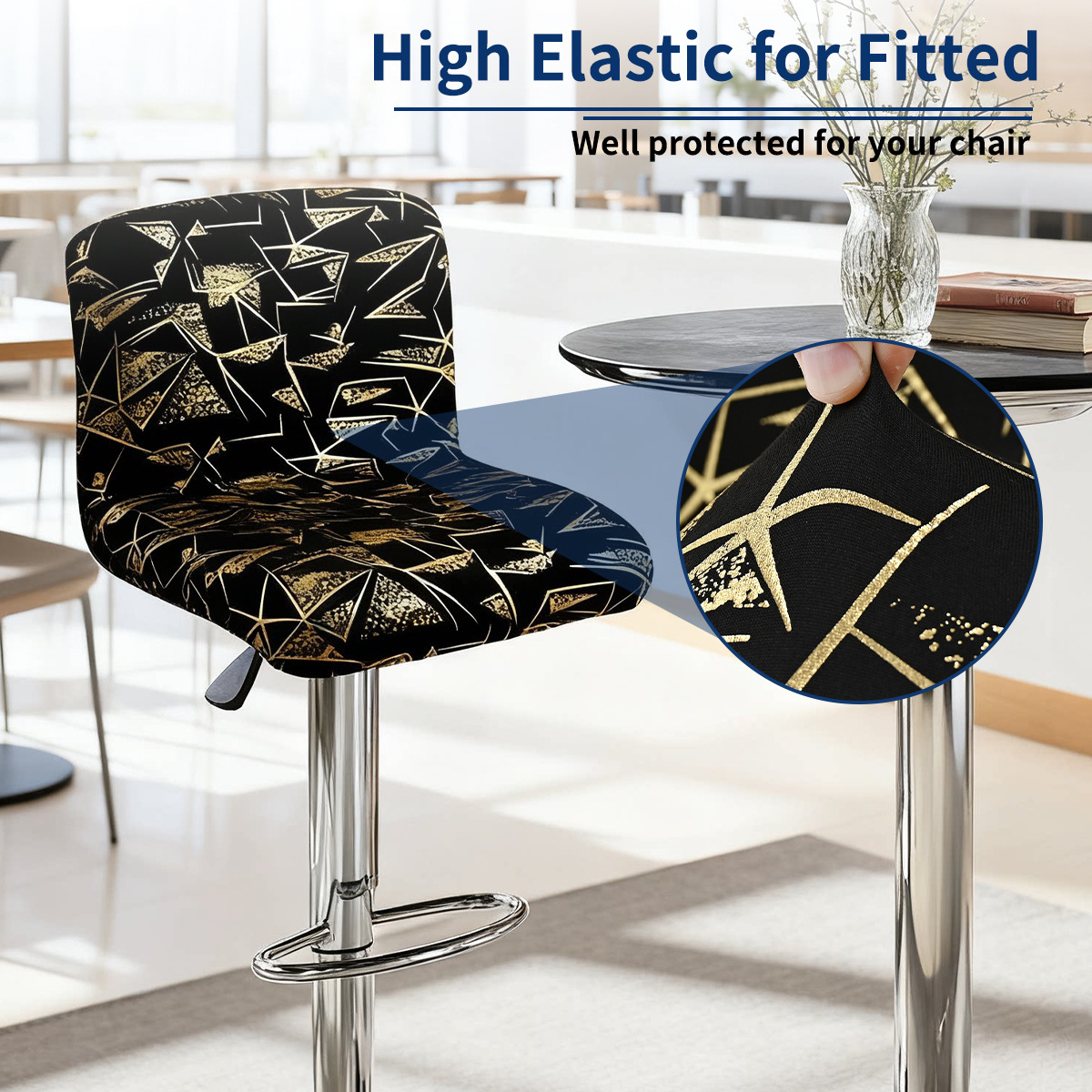 Amazon Cross-border bronceen seda de leche geométrica cubierta de silla de respaldo corto Taburete alto europeo y americano mesa de bar café Internet cubierta de silla elástica