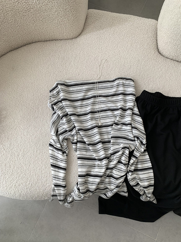 Omalai ショルダーワンラインカラー薄手長袖日焼け止めストライプ Tシャツレディースファッショナブルなデザイントップトレンディ 3951|undefined