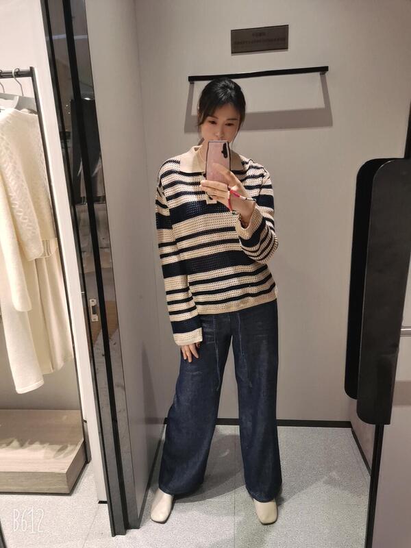 ショーと同じスタイル 2025 Liu Wen 同じスタイルのリネンストライプトップ中空ニットポロレディース夏の新しい休暇ブラウス|undefined