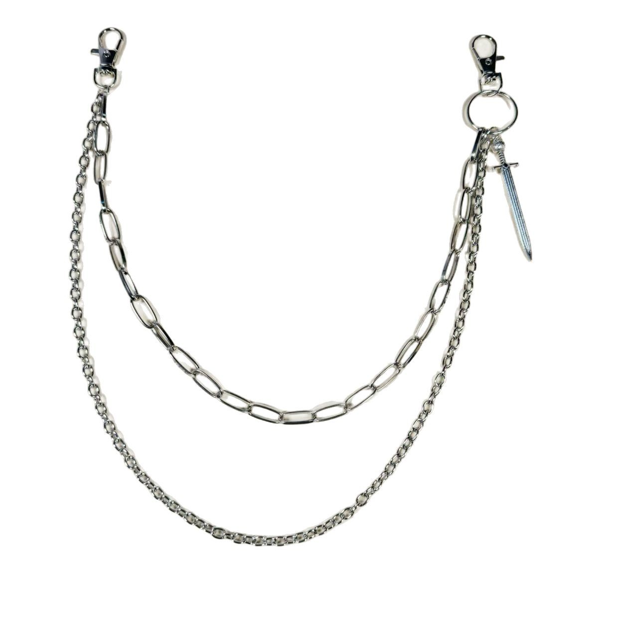 Pantaloni da uomo alla moda con doppio strato di metallo e spada, stile hip hop punk, jeans a vita sottile con catena appesa_voghion.com