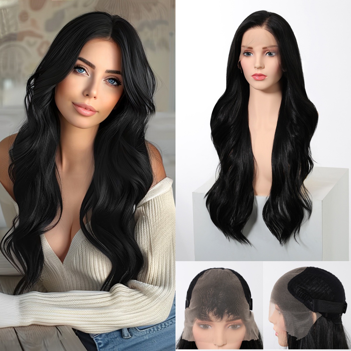 Elegante negro 30 pulgadas cabello rizado largo 13 * 6 gran área de encaje peluca para mujeres realista natural cómodo cosido casual