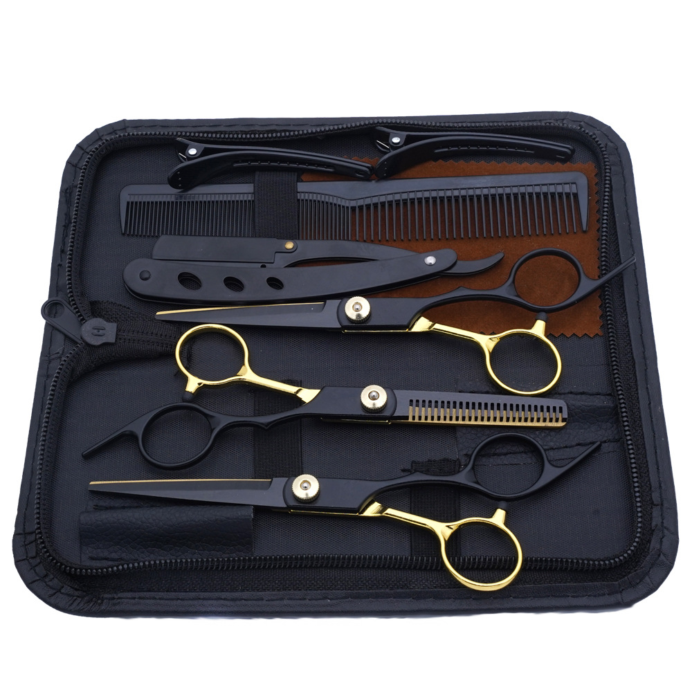 Fabricante al por mayor tijeras de corte de cabello transfronterizo Amazon negro dorado plano tijeras de dientes con flequillo fino tijeras divididas juego de tijeras de cabello