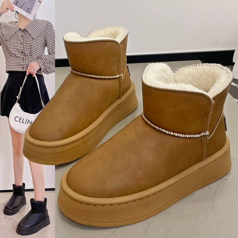 Короткие женские зимние сапоги 2025 года, новая модель, кожаная поверхность, теплые, водонепроницаемые, на толстой подошве, утепленные хлопковые сапоги, утолщенные, морозостойкие женские сапоги для снега