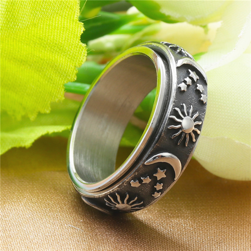 European and American titanium steel sun, moon and stars ring retro trendy male punk stainless steel rotating ring factory direct supply 240128