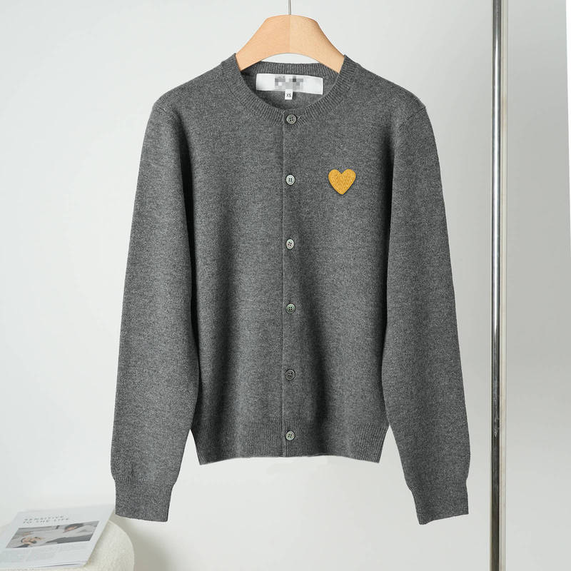 Japanese-Style Comme Des Garçons Cdg Couple's Cardigan with Large Gold Heart, Play Round-Neck Sweater, Knitted Wool Sweater, Long-Sleeve Loose Fit
