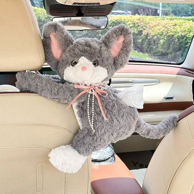 Cute Cat Car Tissue Box Creative Cartoon Plush Doll Car Hanging Tissue Box Car Tissue Hanging Bag (Car tissue box/set) - long-armed-sitting-cat-tissue-box-gray