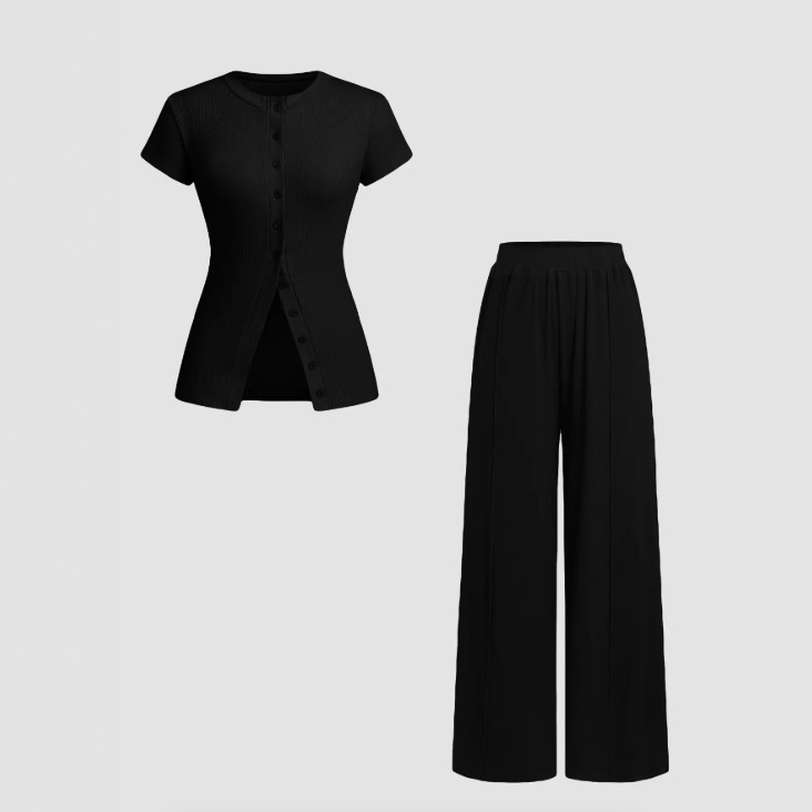 Completo da donna a maniche corte, tinta unita, a vita alta, stile transfrontaliero europeo e americano, modello 2025, nuovo set a due pezzi con maniche corte, tinta unita e vita alta._voghion.com