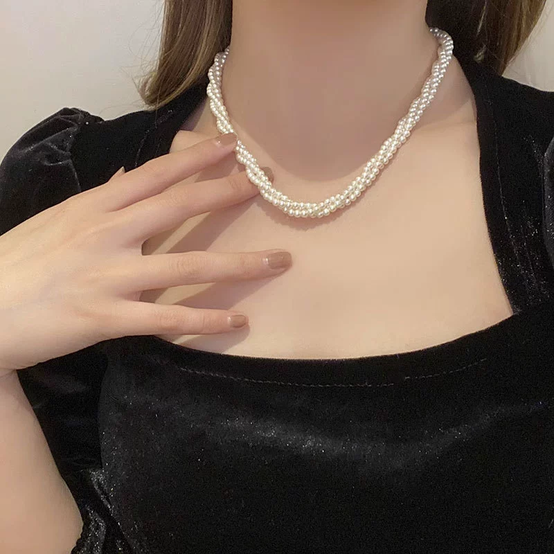 Glass small design necklace from pearl, chain for key bag  with pigtail, light luxury style, trend of season