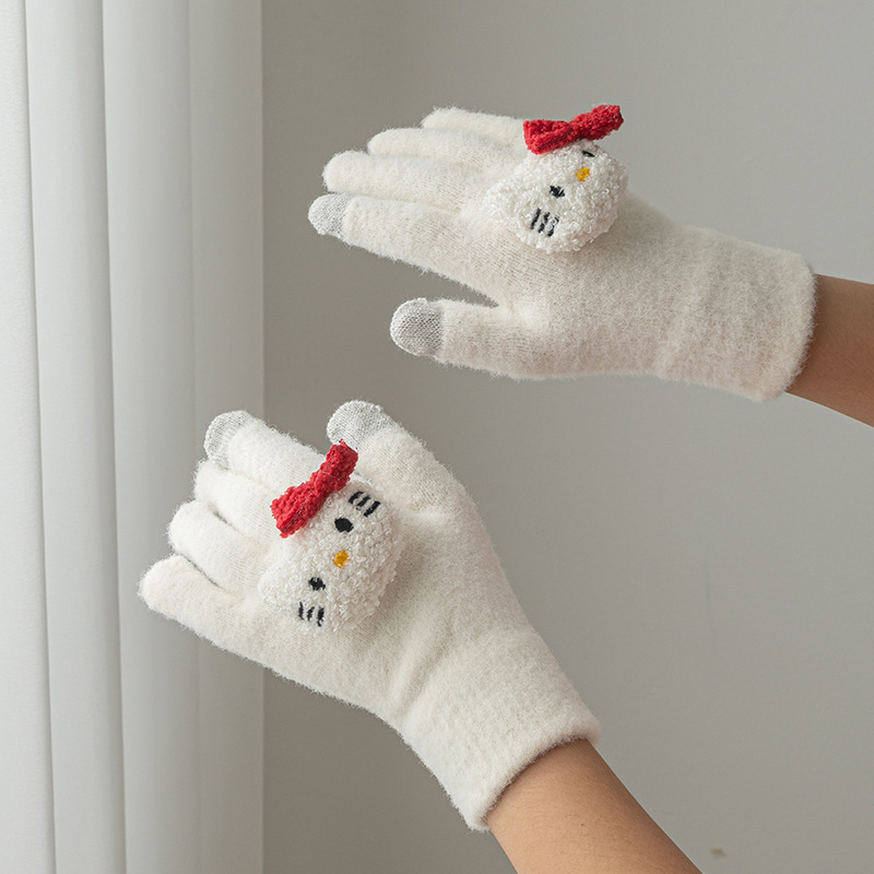 卡通可愛笑臉防寒手套男女針織觸屏毛絨手套玉桂狗保暖五指手套