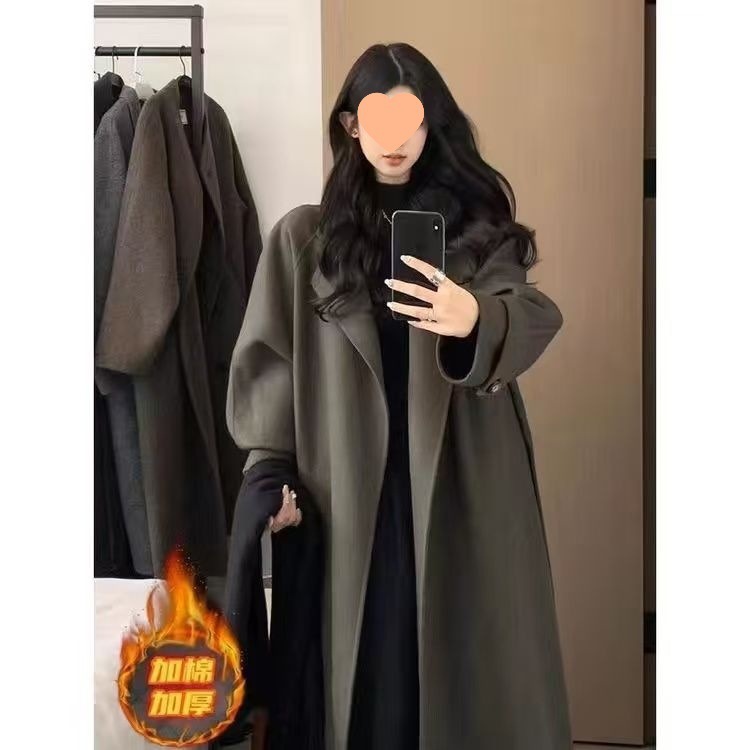 送腰带胖mm长款宽松慵懒风加厚款呢子大衣秋冬季新款大码毛呢外套|undefined