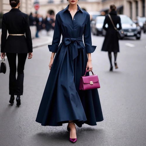European and American women's clothing independent stand long-sleeved solid color lace lapel dress coat long skirt coat