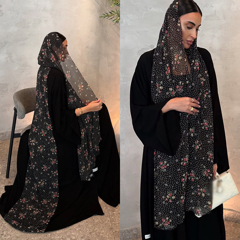 HY063 Women's Black Loose Cardigan Dress Two-Piece Set with Polka Dot Floral Headscarf Fashionable Plus Size Women's Clothing HY063 Women's Black Loose Cardigan Dress Two-Piece Set with Polka Dot Floral Headscarf Fashionable Plus Size Women's Clothing