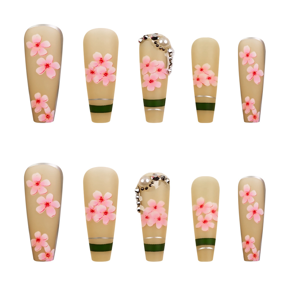 Primavera y verano flores de cerezo tridimensionales cadena de perforación de uñas comercio exterior mate blanqueamiento de uñas 24 piezas parches de uñas al por mayor image 5