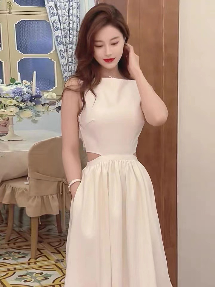 Váy liền không tay trắng FL222236 dáng dài hở eo phong cách Hồng Kông mùa hè — màu trắng chi tiết 5
