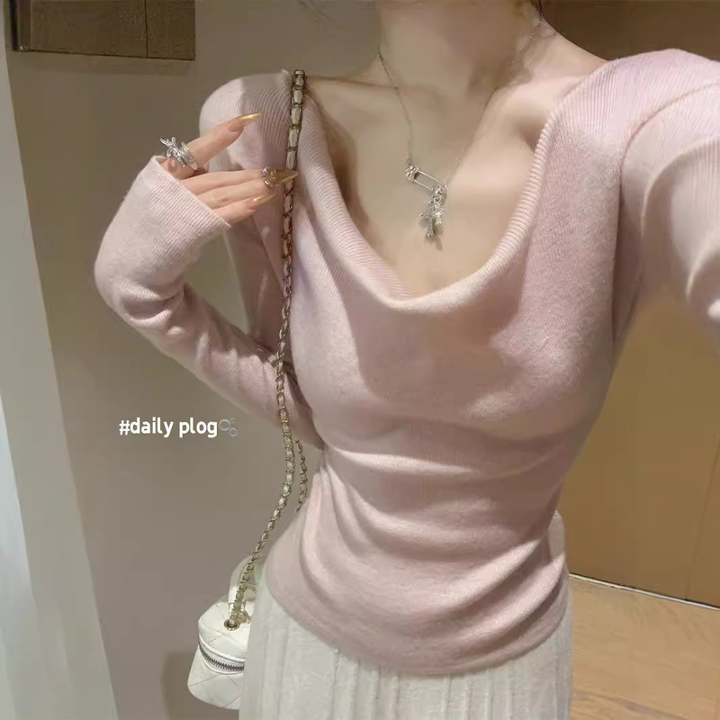 Minghai Wool Knitwear Korean Style Pure Desire One-Line Collar Gentle Slimming New Bottoming Long-Sleeved Top Women's Fashion