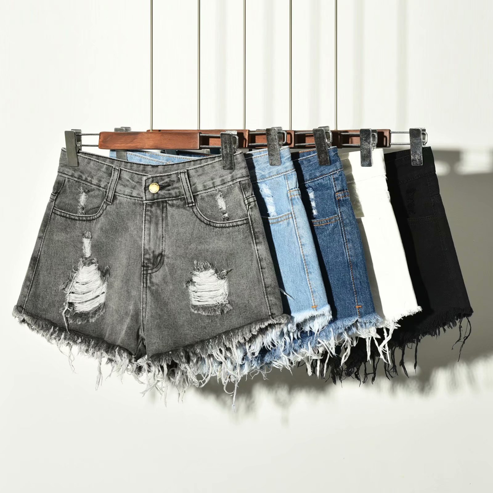 High Waist Loose Fit Denim Shorts Style Summer Wear For Women Large Size Hole Detail Slimming Effect Raw Edge Wide Leg A-Line Hot Pants_ecoleips.com