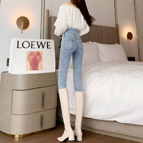 Light Color High-Waisted Petite Trousers for Women, Autumn/Winter Versatile, Abdominal Compression Tight, 9/10 Length, Body-Shaping Thigh-Up Elastic Pencil Trousers