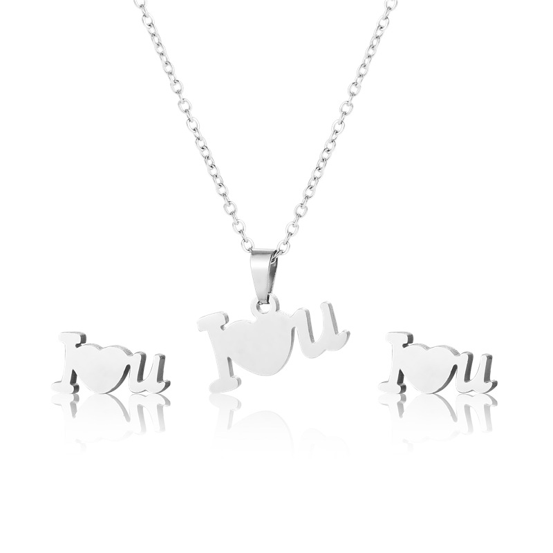 Stainless Steel Heart-Shaped Necklace Amazon Letter I Love You Necklace and Earring Suit Female I Lo