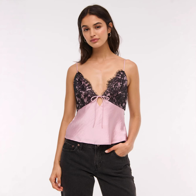 French-Style Retro V-Neck Lace Camisole for Women, Summer Color-Block Satin Print Backless Sexy Top