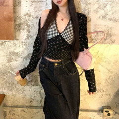 黒キャミソールレディース春新作インナーレースホットガールセクシーなVネックショートノースリーブトップ2点セット