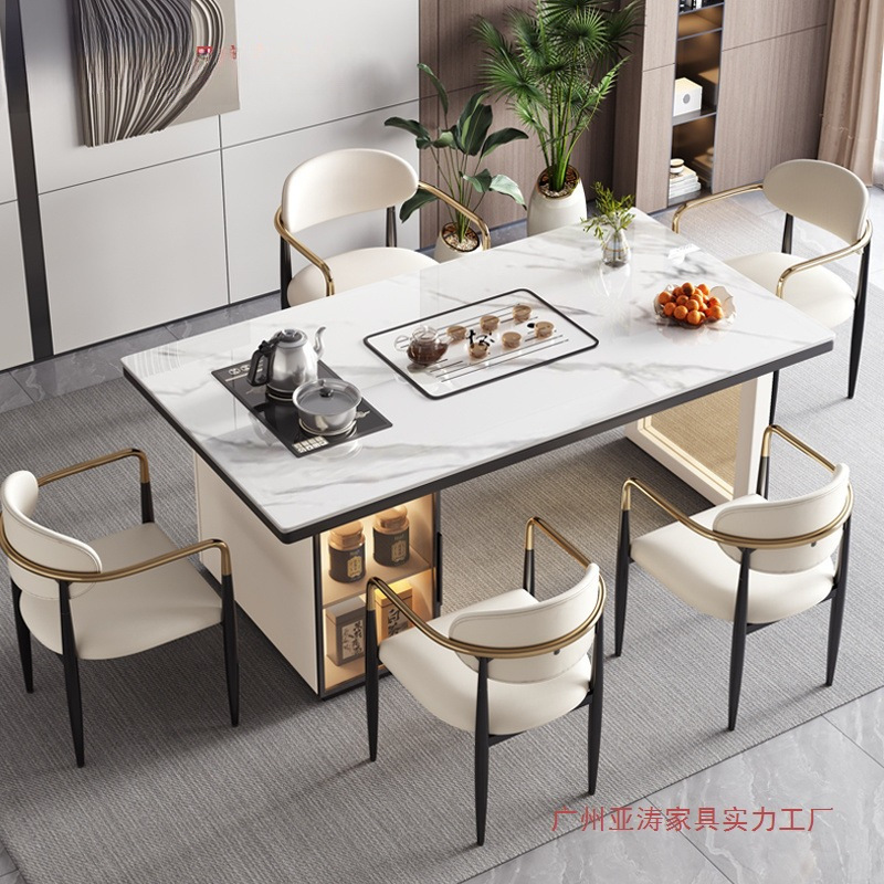 Red de Internet mesa de té de losa de roca de lujo ligero de estilo italiano, un conjunto completo de mesas y sillas de té de kung fu de oficina, mesa de té rectangular