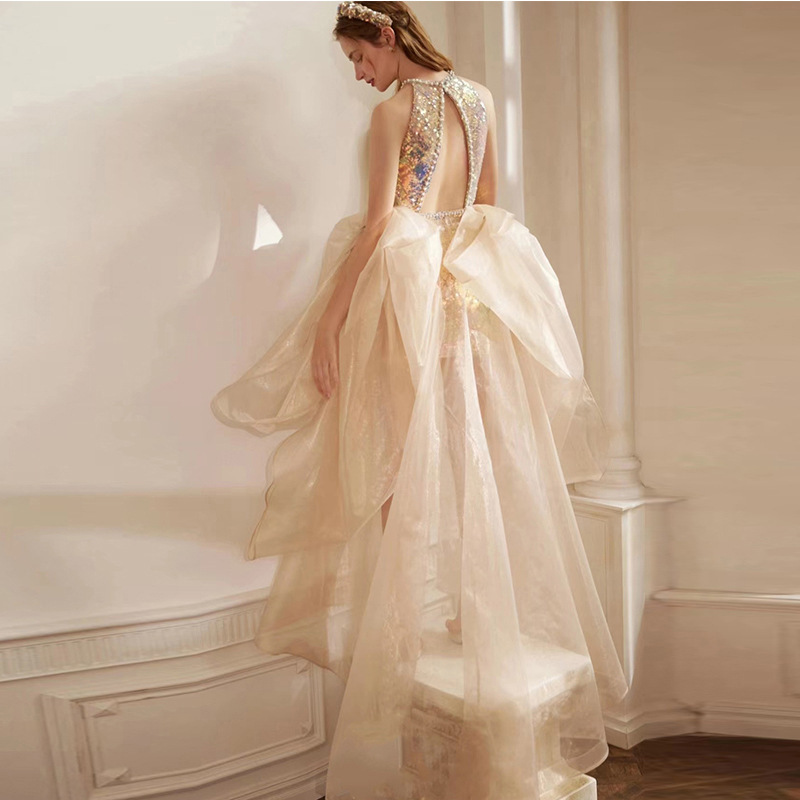 Vestido de pasarela de nuevo estilo 2026, corto por delante y largo por detrás, rosa, para brindis de boda, banquete, actuación, compromiso y boda