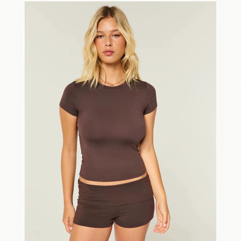 Amazon Cross-Border European and American Solid Color Slim-Fit Crop Top with Simple Design Casual Short T-Shirt for Women Hot Girl Temu