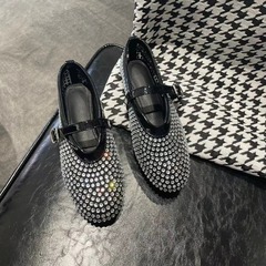 羊皮版～網眼一字扣帶芭蕾鞋女滿鑽平底鞋鏤空瑪麗珍單鞋漁網鞋潮